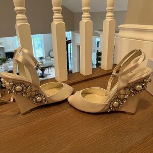 Menbur Satin Ivory Beaded Wedding Wedges